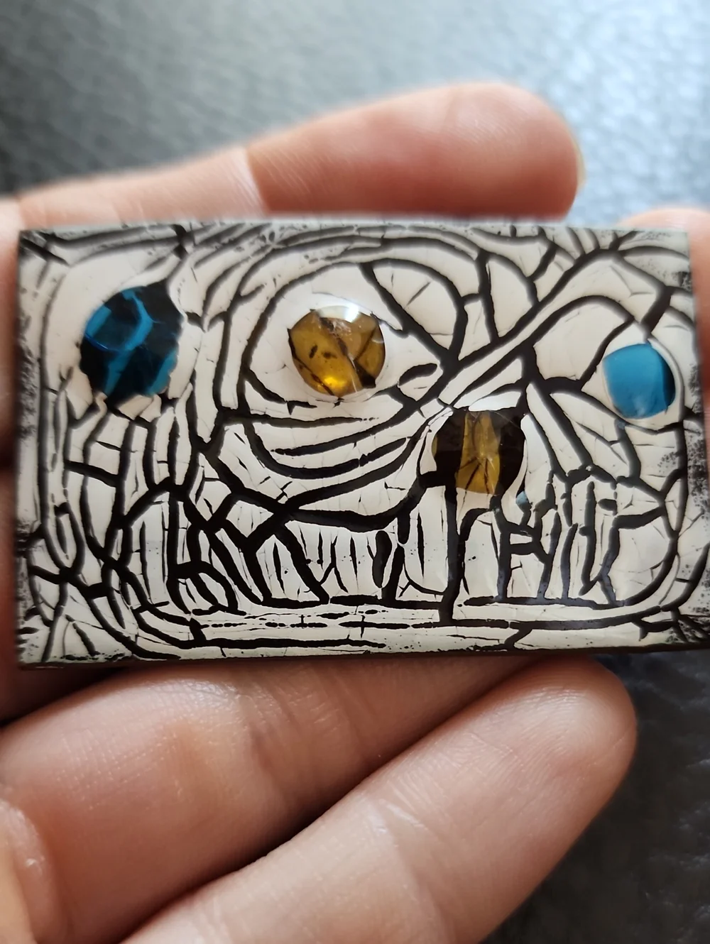 VTG White and Black Abstract Art Tile Brooch with Blue and Amber Accents